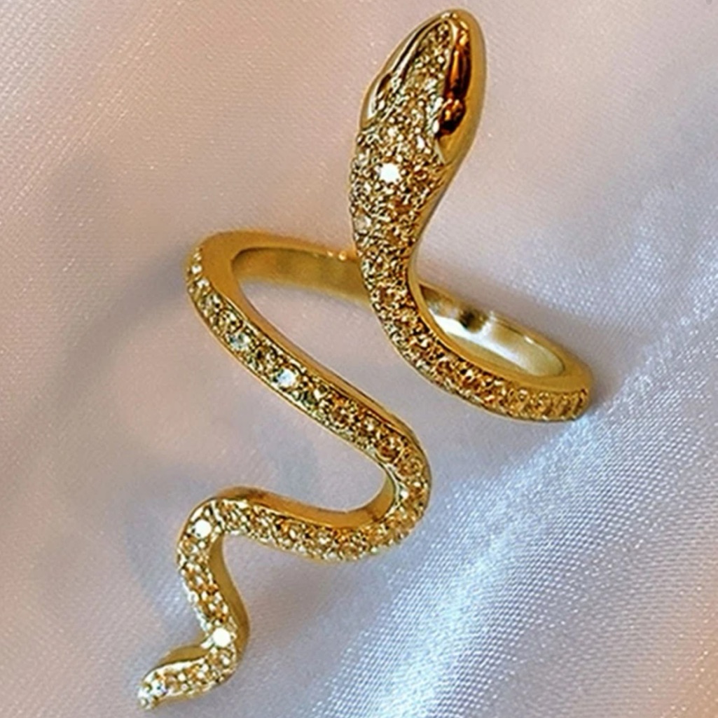 210 New Gold Tone Snake Ring W Diamond Like Accents Adjustable Unique 6$